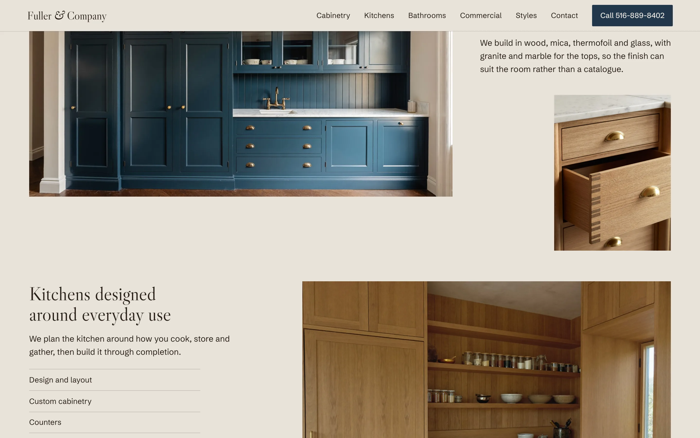 Fuller & Company kitchens section on a desktop: deep blue painted cabinetry with brass knobs beside a short text column, a smaller photograph of a wood drawer and open wood shelving below.